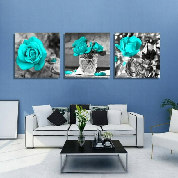 Turquoise Wall Decor for Bedroom 3 Piece Canvas Wall Art Teal Blue Rose