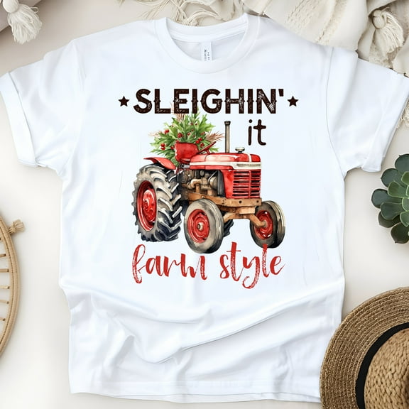 Sleighin’ It Farm Style Shirt | Red Tractor Country Christmas Tee, White, Size S