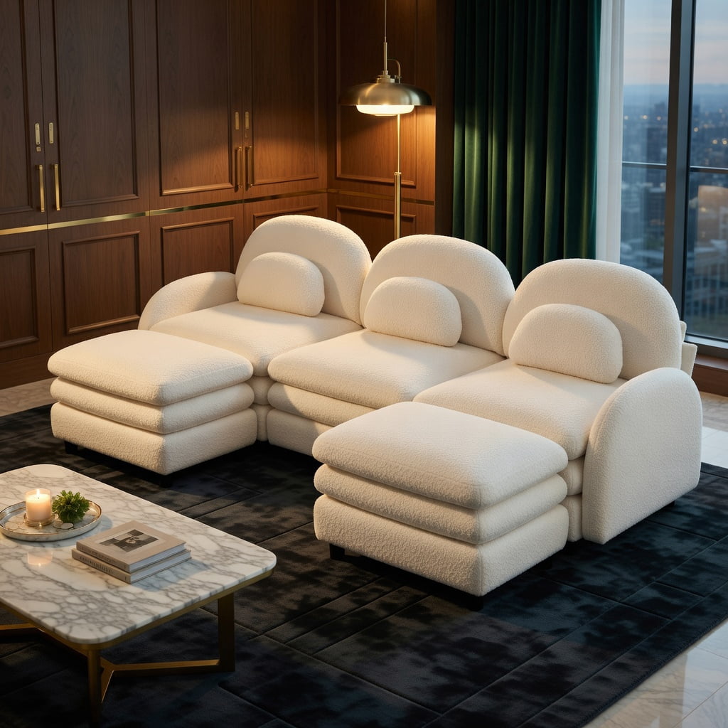 Hommoo Teddy Fleece 3-Seat Modular Sectional Sofa with Curved Backrest, Double-Layer Cloud Cushions & 2 Movable Ottomans, Beige