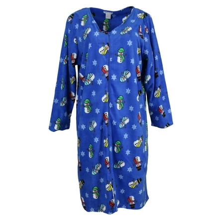 

Elgant Emily Women s 100% Polyester Fleece Zipper Front Duster Robe-Blue Winter Snowmen-Medium