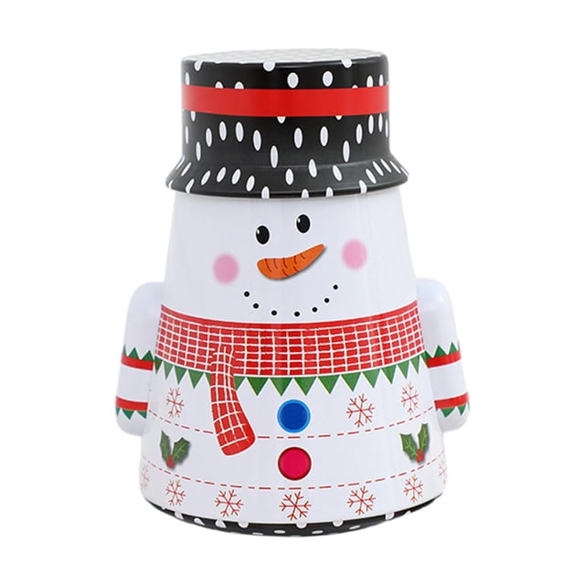 caja de dulces navideñas, cajas de regalo navideñas, caja de chocolates, dibujos animados de metal duraderos, navidad, suministros de decoración fiest estilo e Vista frontal centrada de lata de hierro pintada a mano con diseño de muñeco de nieve: cuerpo blanco con bufanda roja impresa, sombrero negro con lunares como tapa, botones decorativos azul/rojo y estampado de copos y acebo; tamaño aprox. 20 cm x 13.5 cm, adecuada para dulces, chocolates o pequeños obsequios navideños.