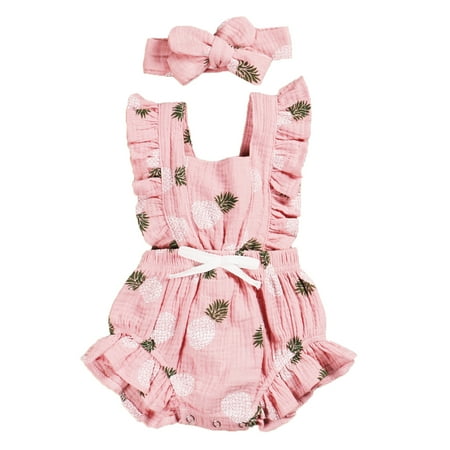 

Newborn Baby Girls Clothes One-Piece Romper Cotton Linen Bodysuit with Headband