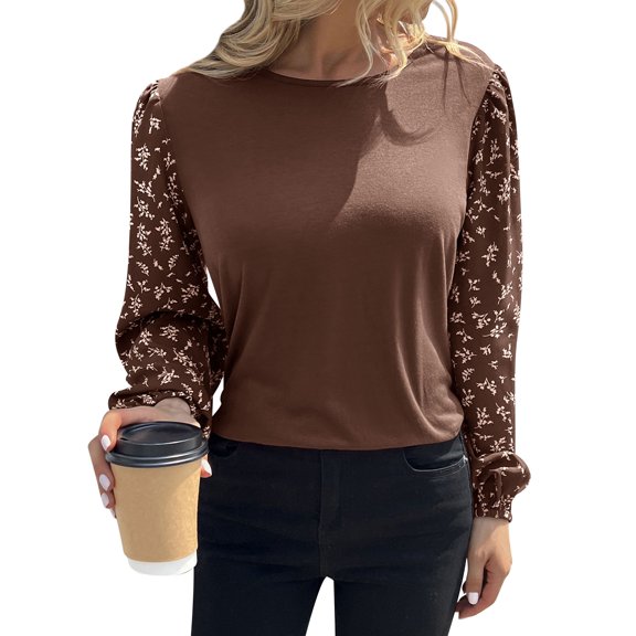 HUBERY Women Floral Printed Long Sleeve Crew Neck Solid Color Pullover Top