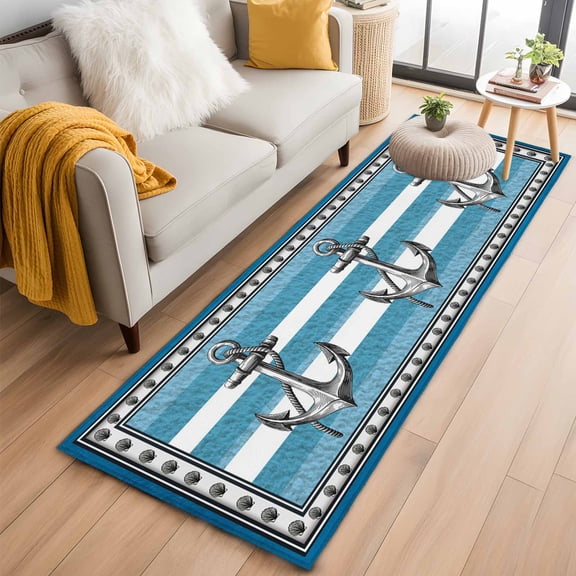 Blue Anchor 2'x6' Runner Rugs for Hallway Kitchen Bedside Non Slip Washable, Nautical Summer Beach Coastal Ocean Art Entryway Rug Runners with Rubber Backing, Long Carpet Runner for Laundry Room