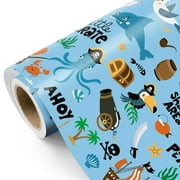 WRAPAHOLIC Ocean Wrapping PresNok Paper Roll - Mini Roll - 17 Inch x 9.8 Feet - Pirate Whales Dolphins Fishes Sea Blue Design for Boys Girls Kids Birthday, Baby Shower