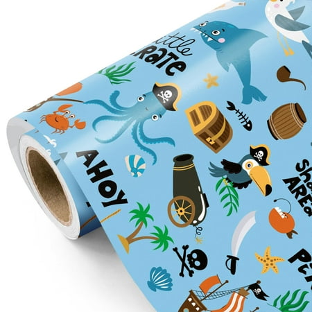WRAPAHOLIC Ocean Wrapping PresNok Paper Roll - Mini Roll - 17 Inch x 9.8 Feet - Pirate Whales Dolphins Fishes Sea Blue Design for Boys Girls Kids Birthday, Baby Shower