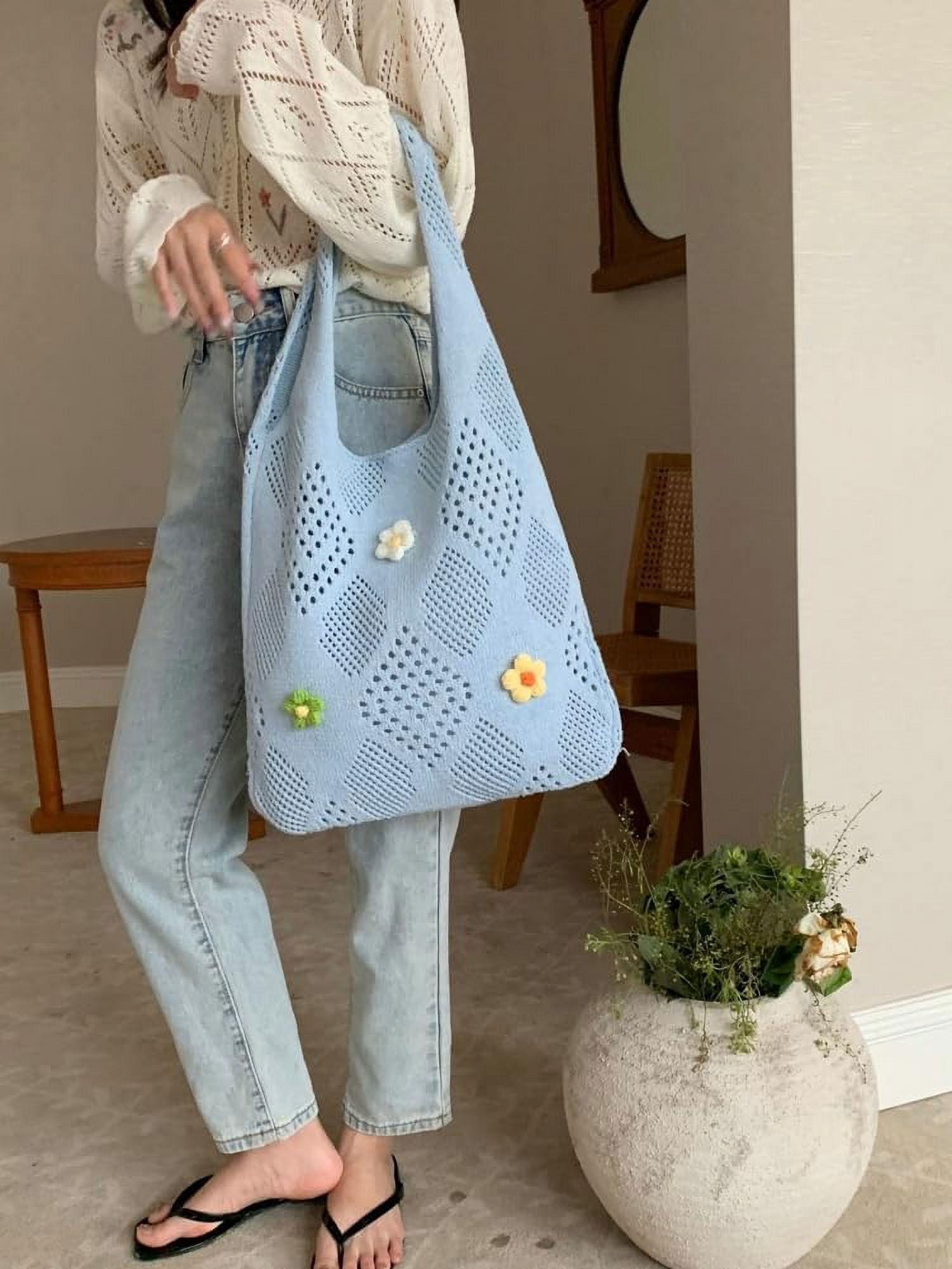 Kukuzhu Women's Crochet Tramp Bag Knitted Tote Bag Shoulder Floral Pattern Tote Bag Vintage Wool Shopping Bag Hand-Woven Bag
