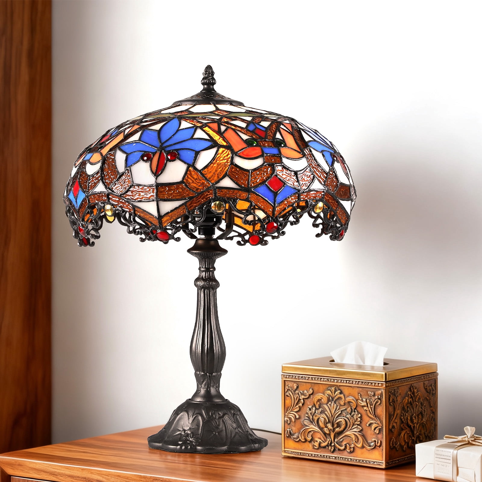 SUNMORY 18.5'' Stained Glass Tiffany Style Table Lamps, Bedroom Bedside Reading Desk Light for Living Office Dormitory Bar Retro Unique Cute Accent Decor Cottage Village Gift Nightstand Lamps