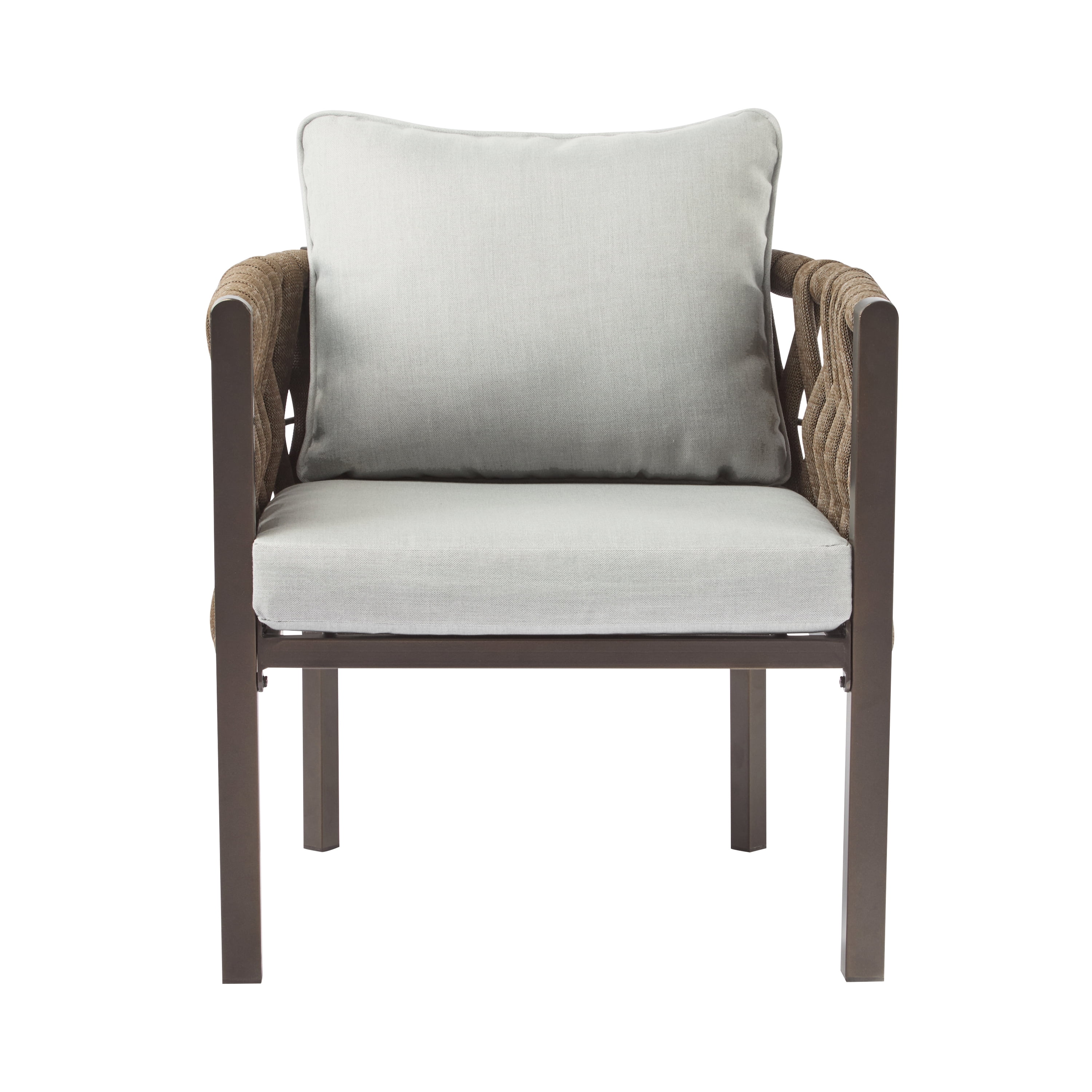 Outdoor Metal Patio Club Chair Set of 2, Patio Furniture Arm Chair with Cushion for Porch Garden, Brown and Light Grey