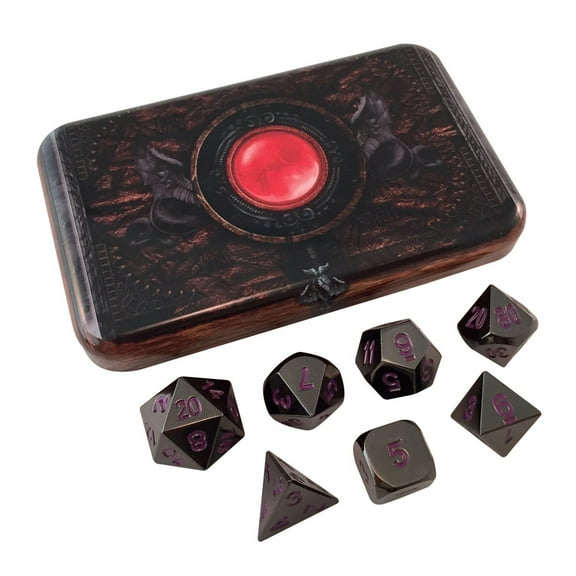 Warlock Tome with Shiny Black Nickel and Purple Numbering Metal Role Playing Dice -