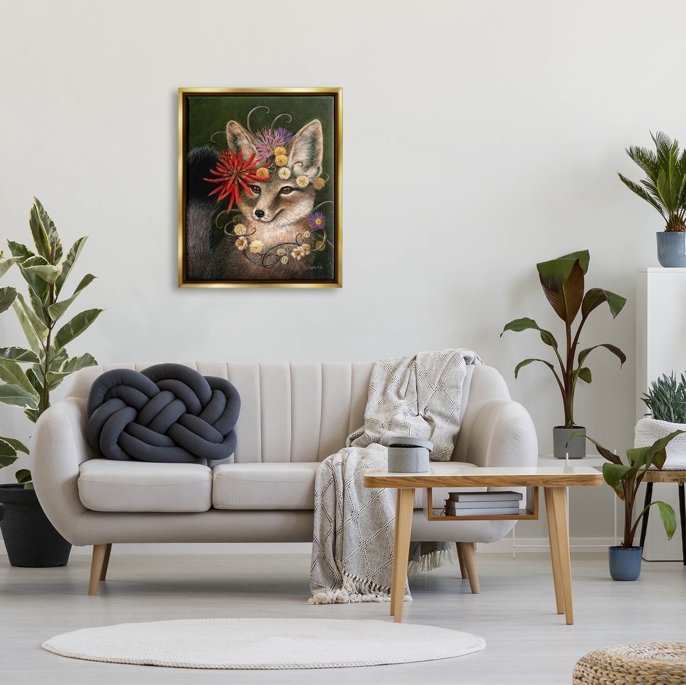 Stupell Industries Botanical Fox Flowers Painting Metallic Gold Floating Framed Canvas Print Wall Art, Design by Carolyn Schmitz