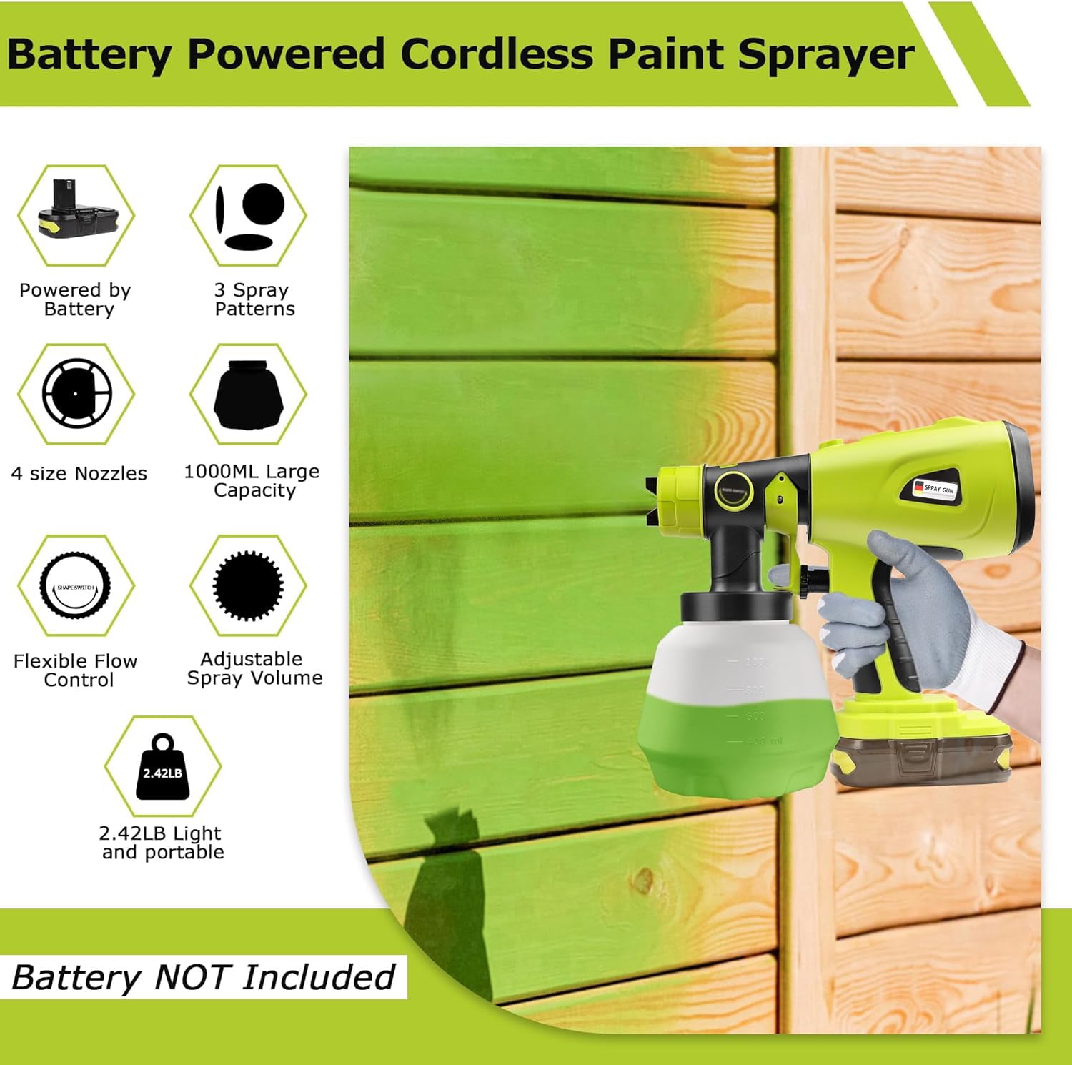 Paint Sprayer for Ryobi 18V Battery, HVLP Paint Spray Gun with a Brushless Motor and a Copper Nozzle, 200W Cordless Paint Sprayer for Home Interior and Exterior, House Painting - Battery Not Included