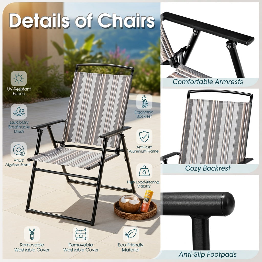 Hommoo 2-Pack Folding Patio Sling Chairs, Space-Saving Outdoor Dining Chairs, No Assembly Required, Gray