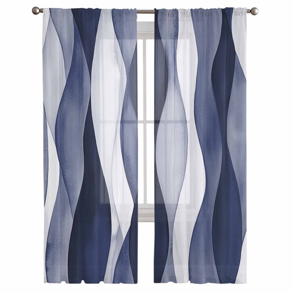 Navy Blue Semi Sheer Curtains 108 Inch Length 2 Panels Set, Modern Moire Abstract Ripple Geometric Sheer Kitchen Curtain Privacy Voile Window Curtain for Living Room Bedroom Rod Pocket Drapes