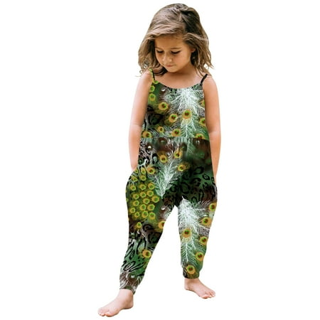

TUOBARR Toddler Baby Girl Jumpsuits Cartoon Printing Strap Romper Pants With Pockets Green (1-6Years)