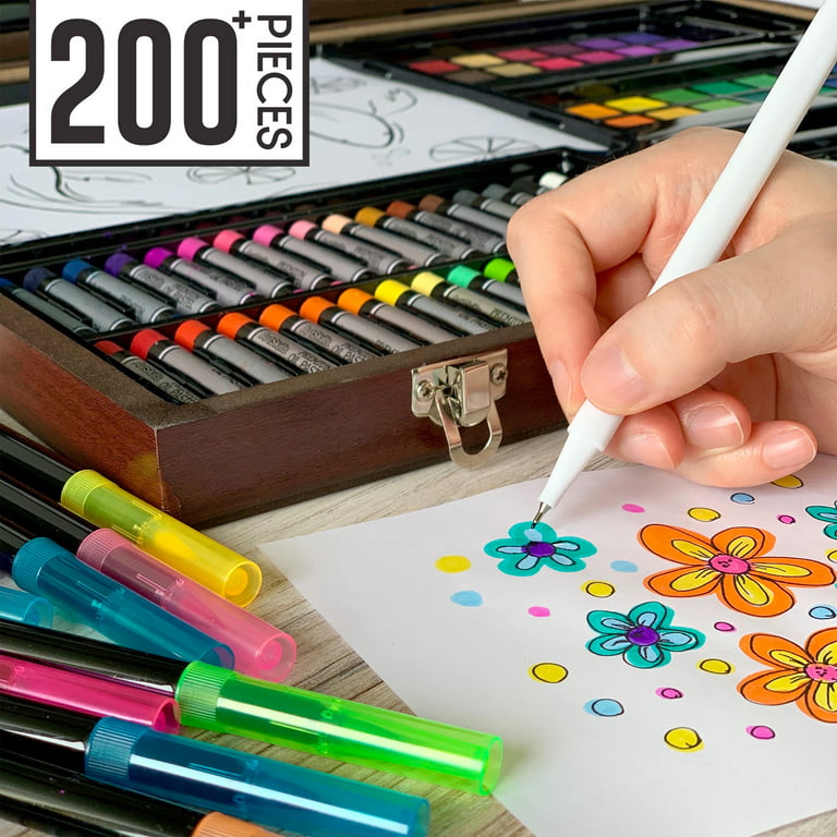  Art 101 Doodle and Color 142 Pc Art Set in a Wood Carrying  Case, Includes 24 Premium Colored Pencils, A variety of coloring and  painting mediums: crayons, oil pastels, watercolors; Portable