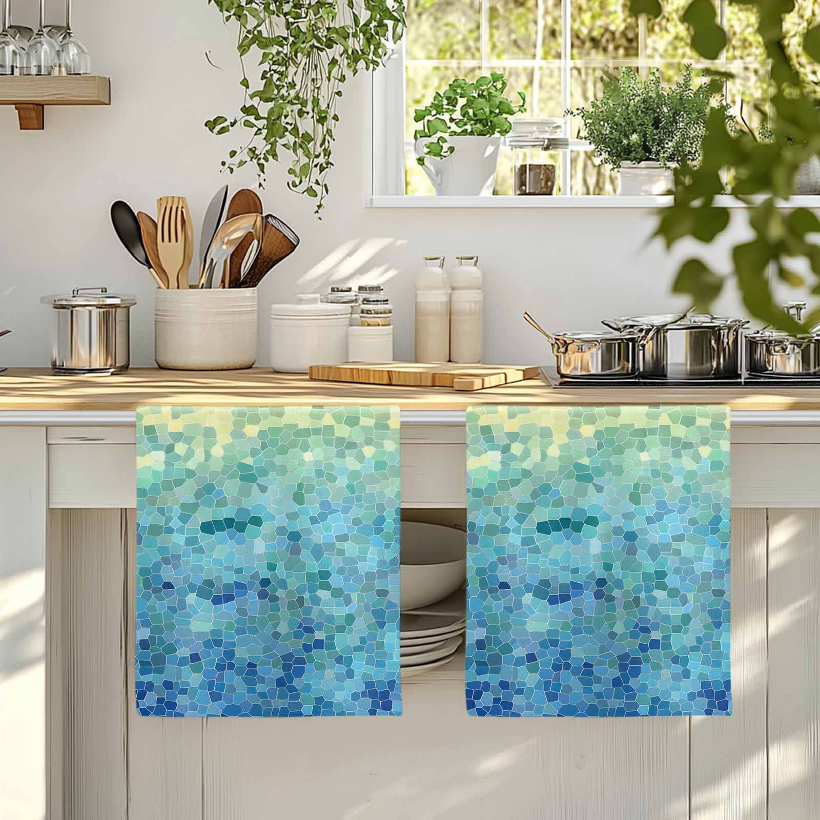 Turquoise Blue Teal Kitchen Towels Set of 2, Chic Stained Glass Texture Aesthetic Absorbent Dish Towels for Kitchen, Microfiber Hand Towel, Quick Drying Tea Towel for Cleaning Decorative Dishcloths