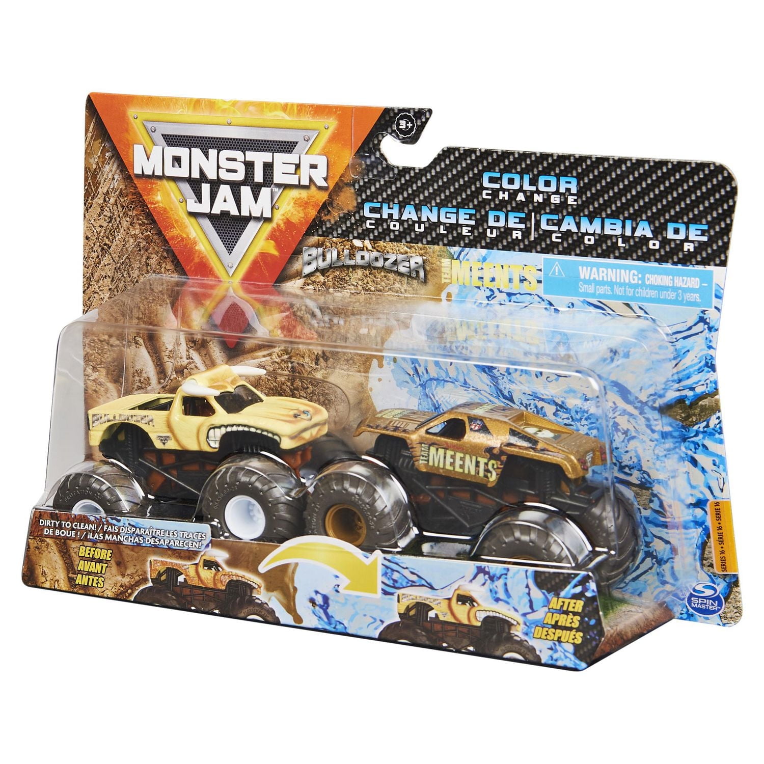 Monster Jam, Coffret de 2 monster trucks officiels en métal moulé Grandma Grave Digger vs. Team Meents qui changent de couleur, échelle 1:64