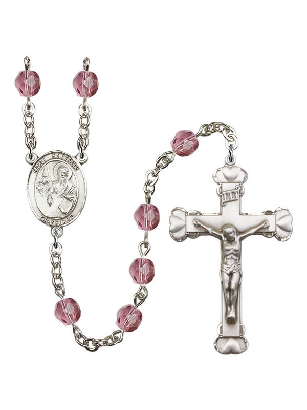 St Silver Finish St and 1 3/8 x 3/4 inch Crucifix Matthew the Apostle Rosary with 6mm Light Amethyst Color Fire Polished Beads Matthew the Apostle Center Gift Boxed 