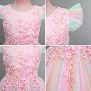 IBTOM CASTLE Flower Little Big Girls Maxi Dress Bridesmaid Wedding Pageant Party Princess Communion Floral Boho Vintage Lace Dance Gown 11-12 Years Rainbow Pink