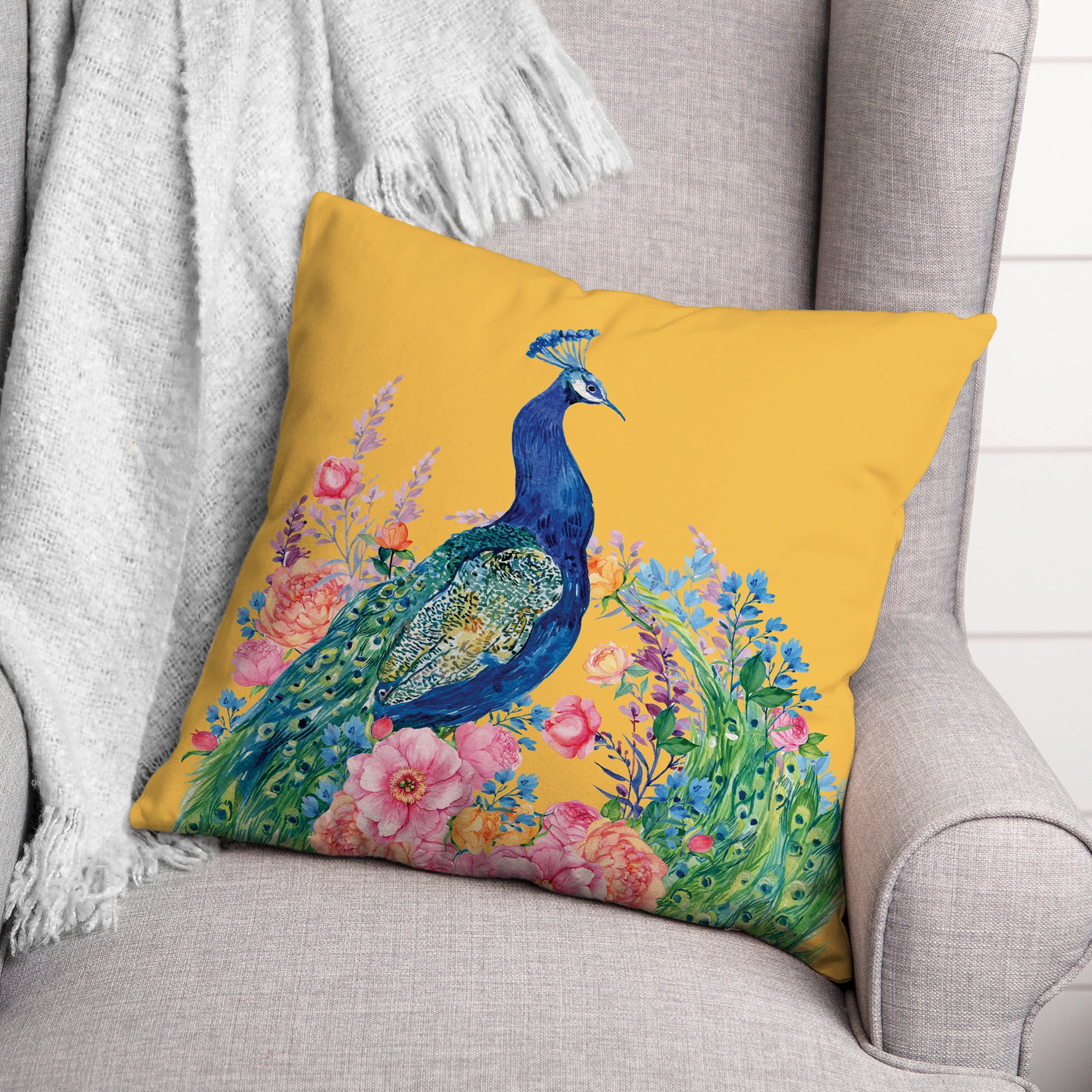 Creative Products Floral Peacock on Yellow 20x20 Indoor / Outdoor Pillow