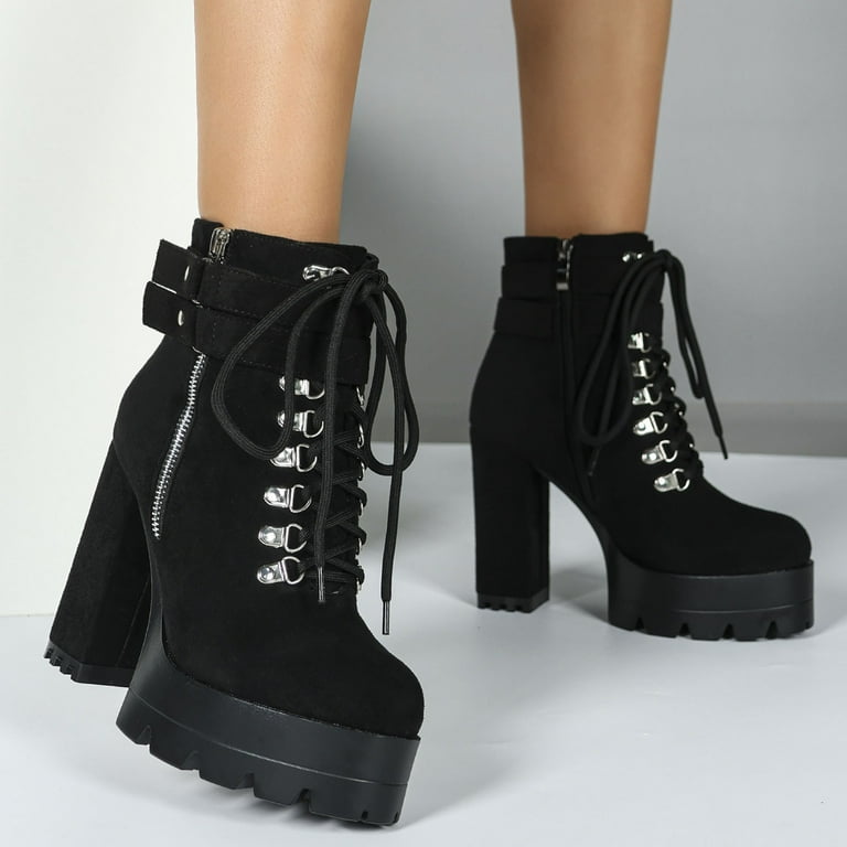 Black Platform Ankle Boots for Women Suede Lug Sole Block High