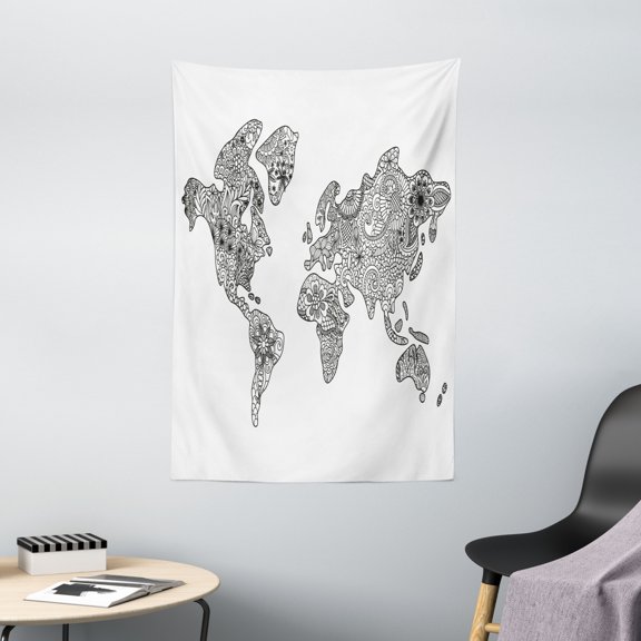 Earth Tapestry, Floral Pattern As World Map Continents Authentic Stylized Modern Design, Wall Hanging for Bedroom Living Room Dorm Decor, 40W X 60L Inches, Black White, by Ambesonne