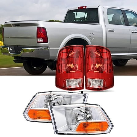 Nilight Headlight and Taillight Assembly Combo Compatible with 2009 2010 2011 2012 Dodge Ram 1500 2500 3500 OE Style Chrome Housing Amber Reflector with Red Housing Tail Lights