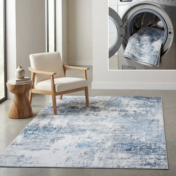 SAFAVIEH Santa Monica Norbert Abstract Polyester Area Rug, Ivory/Blue, 8' x 10'