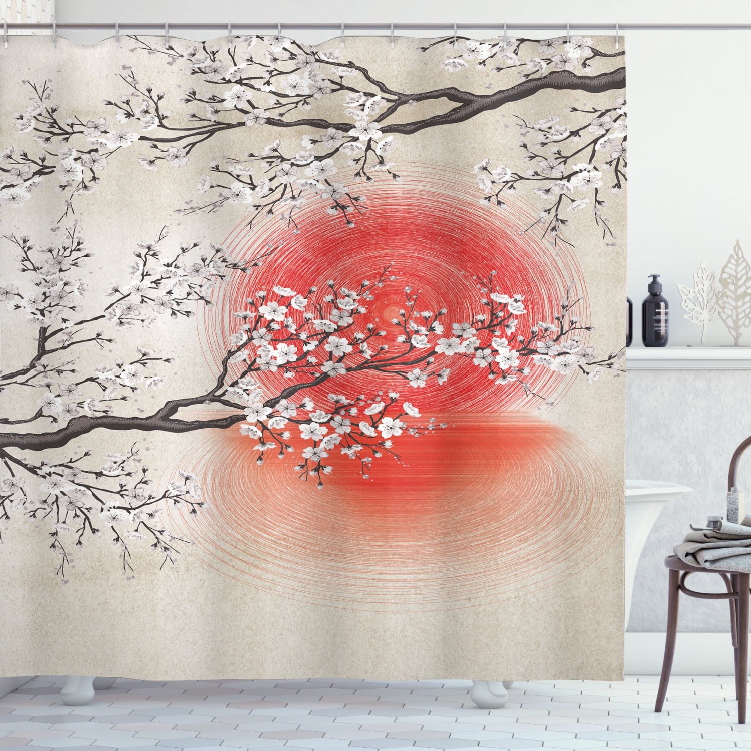 Japanese Cherry Blossoms Curtain Bathroom Waterproof Fabric & 12hooks 71*71inch 