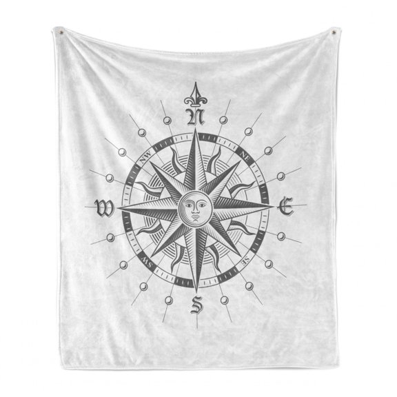 Compass Soft Flannel Fleece Blanket, Hand Drawn Compass with the Face of the Sun on Directions North South East West Sailing, Cozy Plush for Indoor and Outdoor Use, 50" x 70", Grey, by Ambesonne