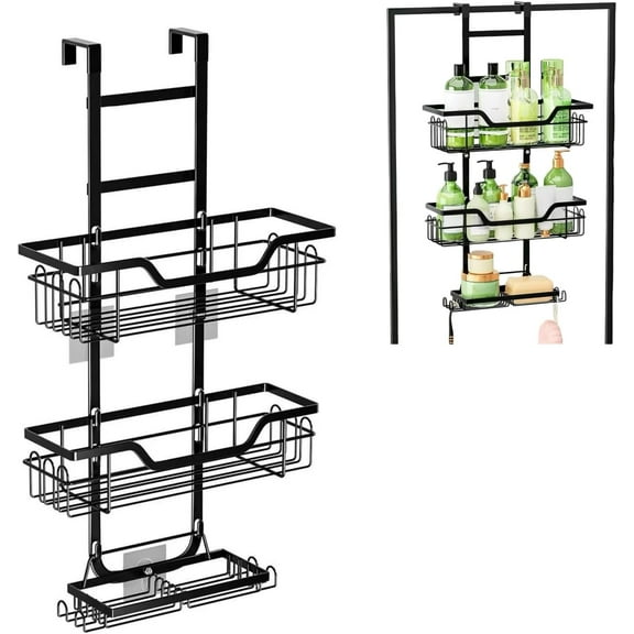 Jioakfa Over The Door Shower Caddy - Rustproof & Waterproof Stainless Steel Hanging Bathroom Organizer With Soap Holder, No Drilling Adhesive Shower Organizer Black Rack For Inside Storage Black