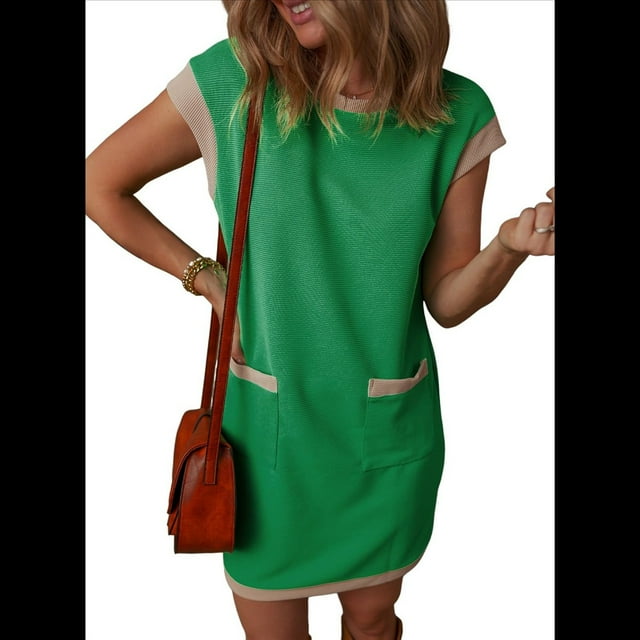 Vestido Mini con Mangas y Bloques de Color, Estilo Camiseta, Verde, Talla M
