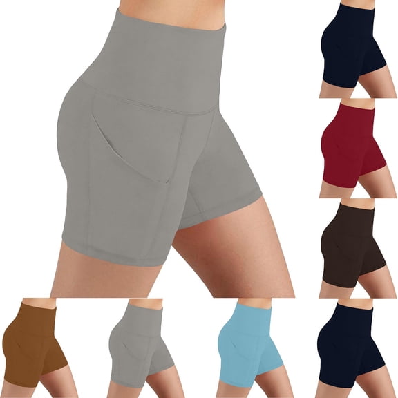 Yourumao Yoga Shorts with Pockets for Women High Waist Tummy Control Shorts Solid Stretchy Casual Tights Summer Sporty Bicycle Shorts