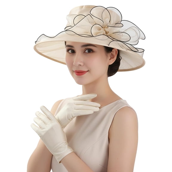 Women Organza Derby Hat with Gloves, Wide Brim Church Tea Party Fascinator Hats for Funeral Wedding Bridal Shower