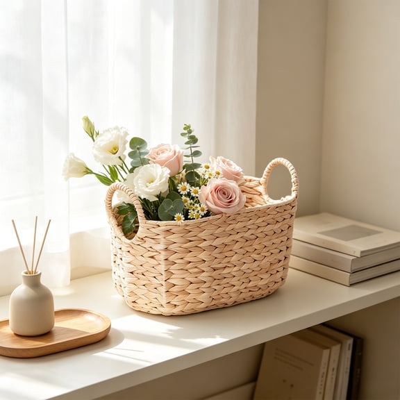 Storage Basket with Double Carry Handles Organizer, Bathroom Bedroom Kitchen Countertop Entryway, Woven Rattan Grain Neutral Tones, Spacious Rectangular Body, Fruit Sundries Home Decor