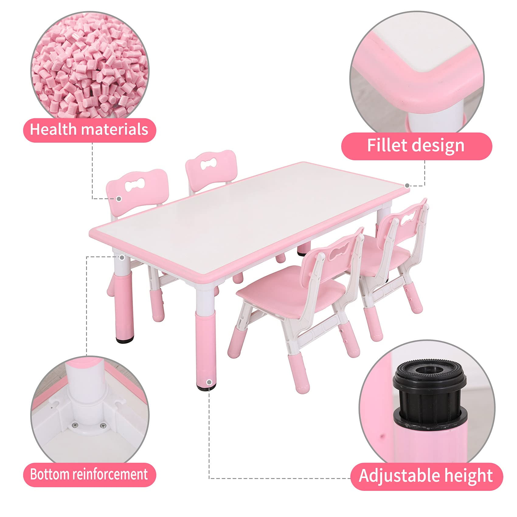 UNICOO® - Kids Study Table and Chairs Set, Height Adjustable Plastic Children Art Desk with 4 Seats, Kids Multi Activity Table Set (White Top + Pink Border)
