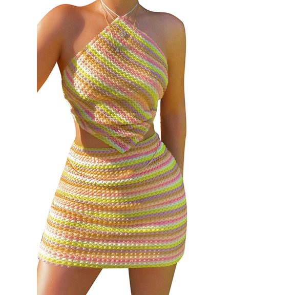 Xsylife 2 Pcs Women's Summer Knit Outfit Set Cami Backless Halter Tie up Tops Stripe Short Skirts