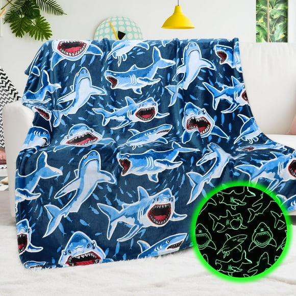 Manta BORORO que brilla en la oscuridad con forma de tiburón, 127 x 152 cm, para niños