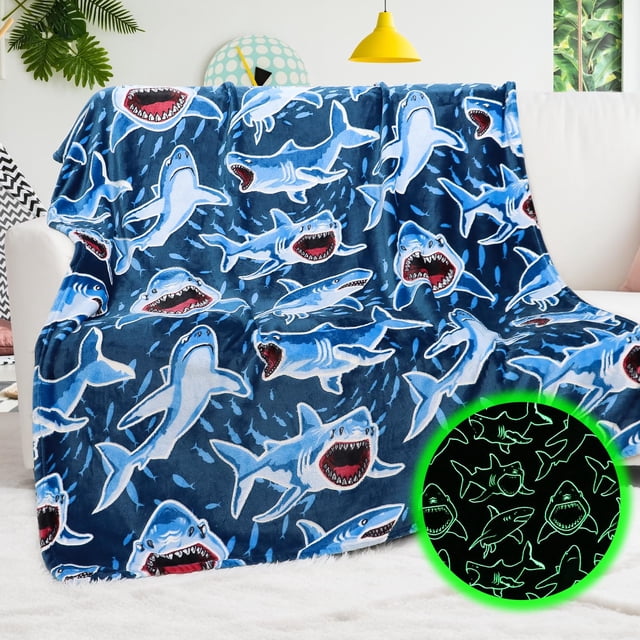 Manta BORORO que brilla en la oscuridad con forma de tiburón, 127 x 152 cm, para niños