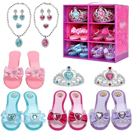 Princess Dress Up Role Play Shoes and Jewelry Fashion Beauty Gift Set, Includes 4 Pairs Shoes 2 Tiaras 2 Necklaces and Earrings for Toddler Girls Birthday Party Halloween Cosplay Costumes