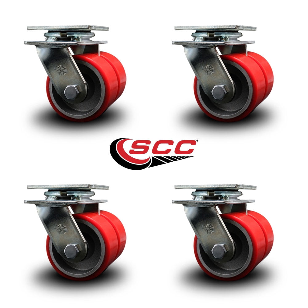 4 Inch Dual Red Poly on Cast Iron Wheels Swivel Caster Set with Ball Bearing SCC