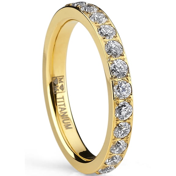 Metal Masters 3mm Womens Goldtone Plated Titanium Eternity Ring Wedding Band Pave-Set Cubic Zirconia 8