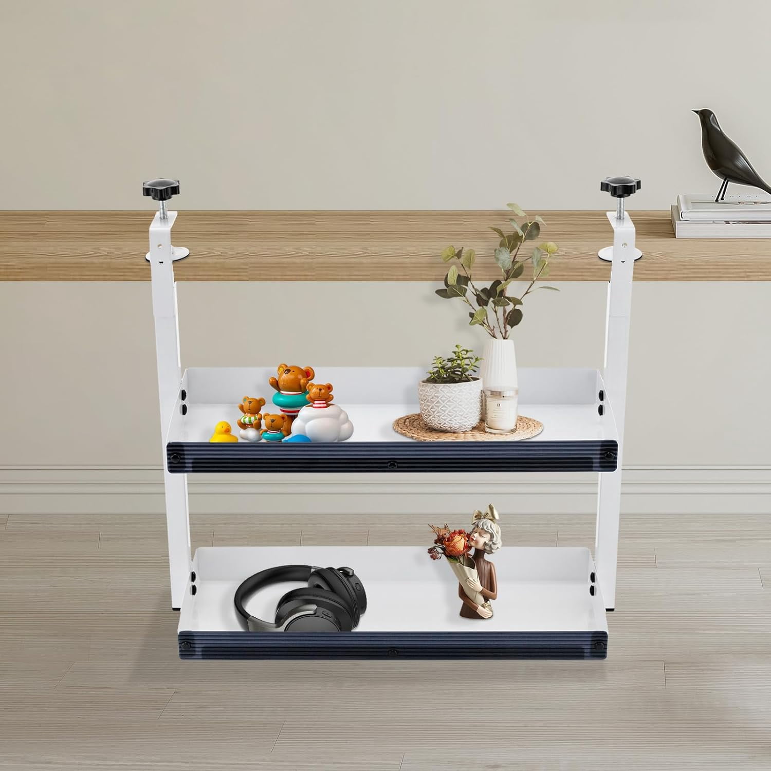 Clamp-on Desk Shelf, 2-Tier Carbon Steel Plastic Panel Clip-on Desk Organizer, Office Modern Countertop Shelf, Bedroom Living Room Thickness 1.7in Clamp-on Desk Shelf (White) MK3131-A1