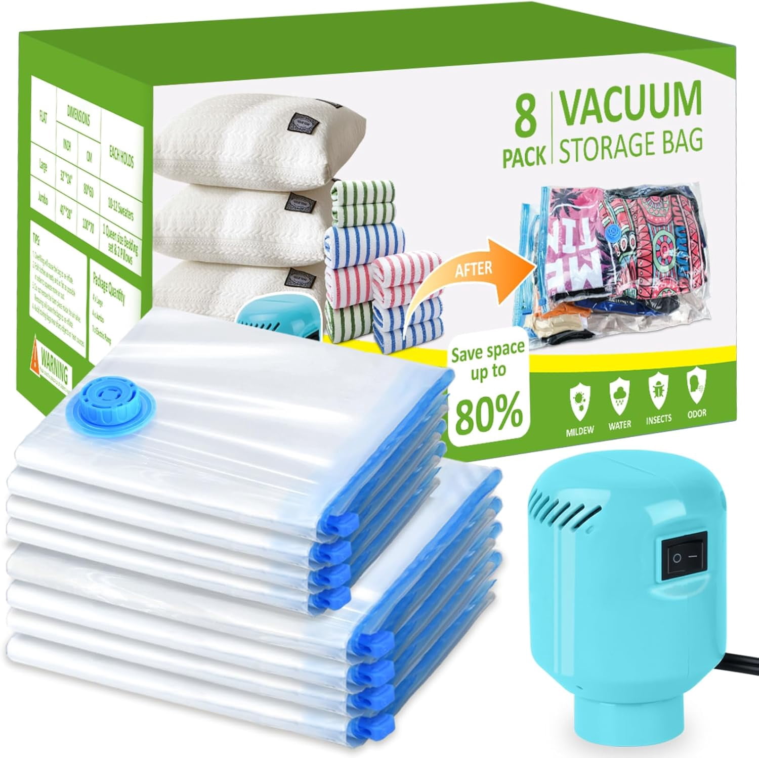 Vacuum Storage Bags With Electric Pump - 8 Pack (4 Jumbo, 4 Large) For Clothes, Bedding, Travel