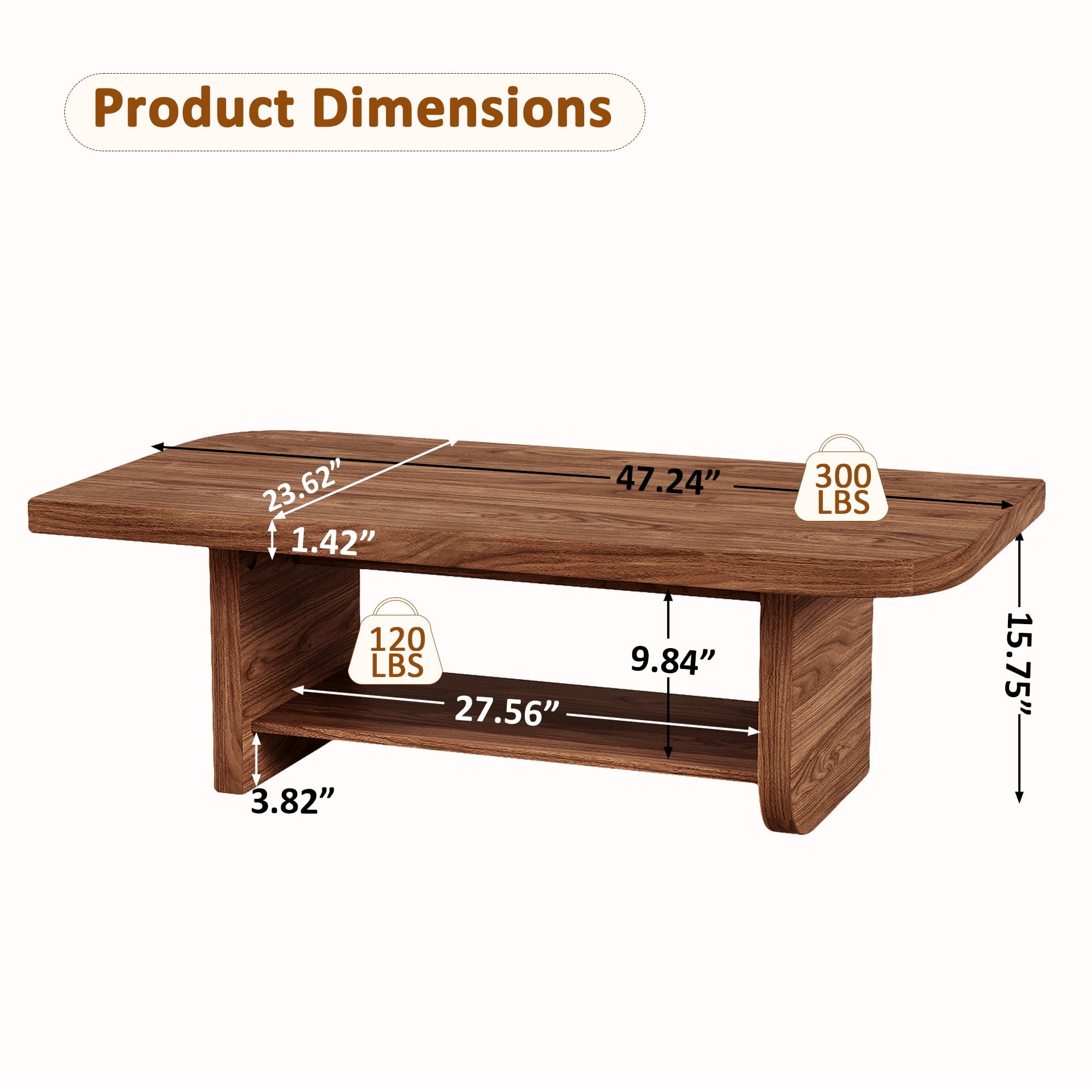 Leumius Coffee Table with Lower Storage Shelf, Mid-Century Modern Living Room Table, Farmhouse Accent Furniture for Living Room, Large Spaces