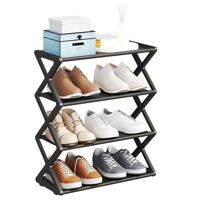 Zapatero en forma de X para el hogar, multifuncional, de acero, para estudiantes, dormitorio, estante de almacenamiento a prueba de polvo, color negro