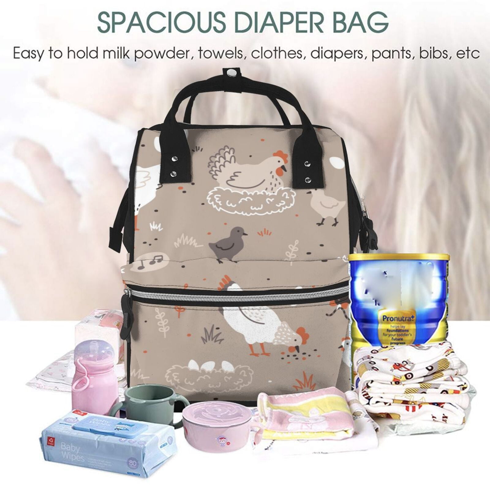 Ratiio Chicken Mummy Backpack - Waterproof Twill Canvas, Large Capacity Diaper Bag with Multiple Pockets and Adjustable Straps