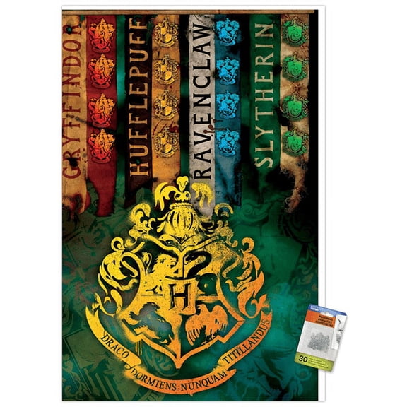 The Wizarding World: Harry Potter - House Crests Wall Poster with Push Pins, 22.375" x 34"