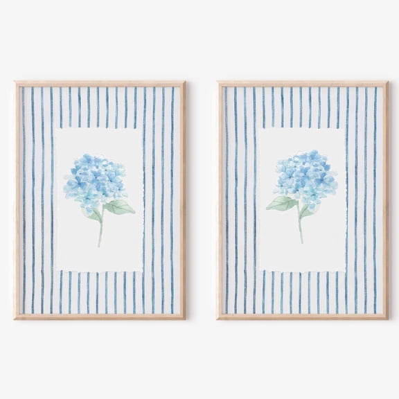 Blue Striped Hydrangea Wall Art Botanical Floral Grandmillennial Cottagecore Decor Set 2 Unframed Paper Print 8x12
